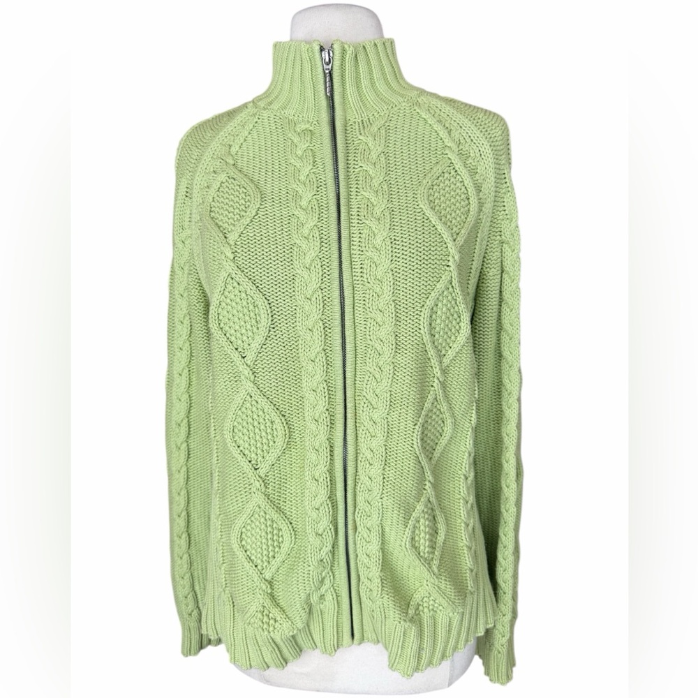 Y2K Leo & Nicole 100% Cotton Pistachio Mock-Neck Full-Zip Cable Knit Cardigan